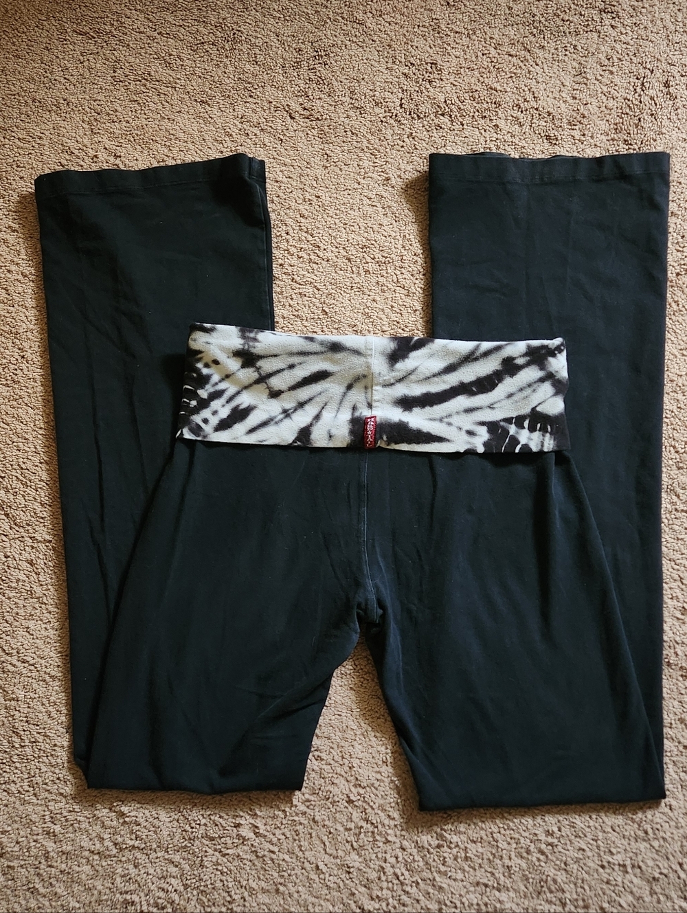Y2K Hard Tail Bootcut Foldover Yoga Flare Pants Black USA Made Tie Dye Large